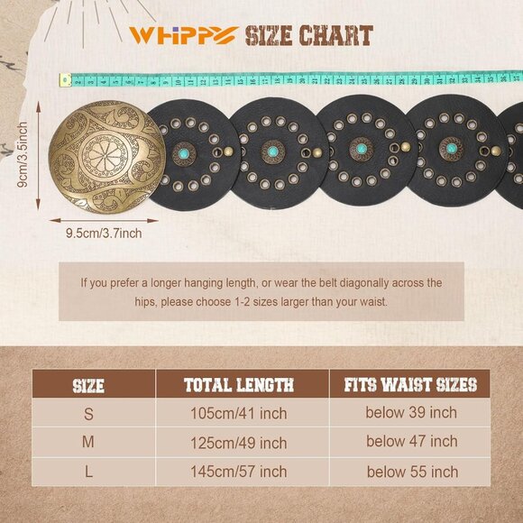 ⚡Women Western Leather Concho Cowgirl Disc Belt Boho Wide Country Waist Belt - Picture 6 of 7